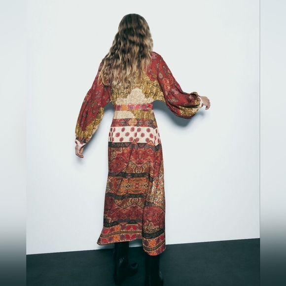 ZARA BOHO PATCHWORK PRINTED MIDI DRESS - Picture 5 of 11